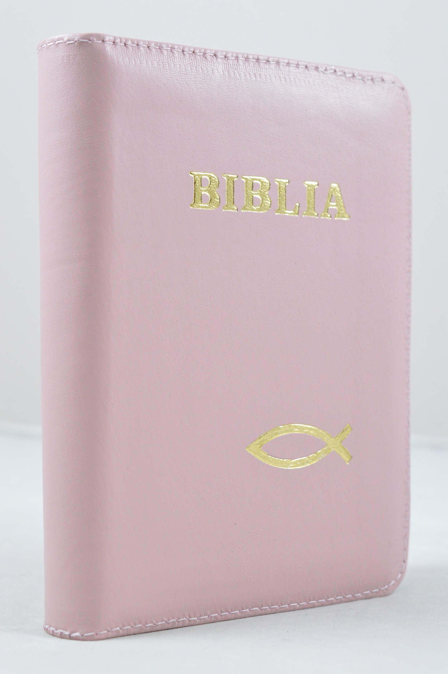 Biblia format mic, din piele, culoare roz pal, index, fermoar, margini argintii,simbolul peste, cuv. lui Isus in rosu [047 PFI]
