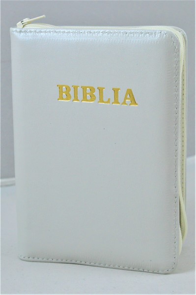 Biblie din piele, mica, ivory, fermoar, margini albe, cuv. lui Isus in rosu [043 PF]