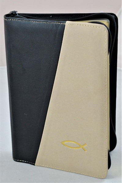 Biblia din piele, medie, negru/bej, fermoar, aurita, simbol peste, cuv. lui Isus cu rosu [052]