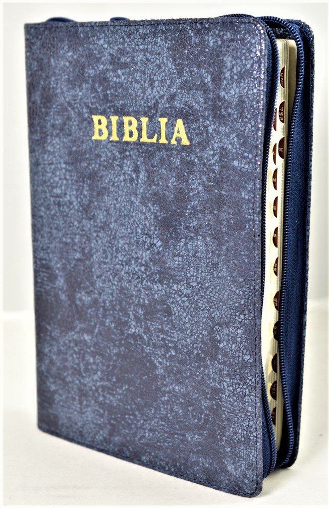 Biblie mare, piele, bleumarin texturat, fermoar, index, margini argintii, cuv. Isus cu rosu [SI 073 PFI]