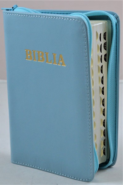 Biblia format mic, din piele, culoare albastru deschis, index, fermoar, margini argintii, cuv. lui Isus in rosu [047 PFI]