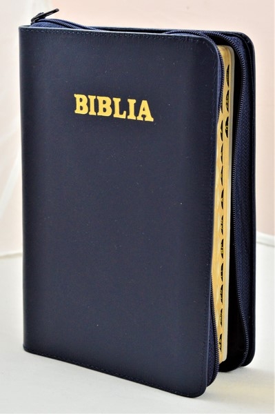 Biblie din piele, marime medie, bleumarin inchis, fermoar, index, margini aurii, cuv. lui Isus cu rosu [SB 057 PFI]