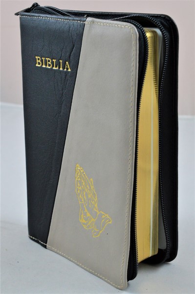 Biblia din piele, medie, negru/crem, fermoar, aurita, simbolul maini in ruga, cuv. lui Isus cu rosu [052]