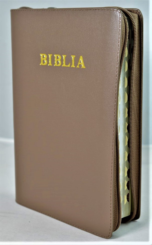 Biblie mare, piele, kaki, fermoar, index, margini argintii, cuv. Isus cu rosu [SI 073 PFI]