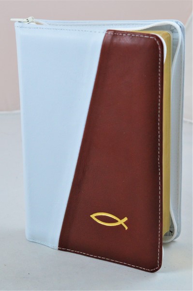 Biblia din piele, medie, alb/visiniu, fermoar, aurita, simbol peste, cuv. lui Isus cu rosu [052]