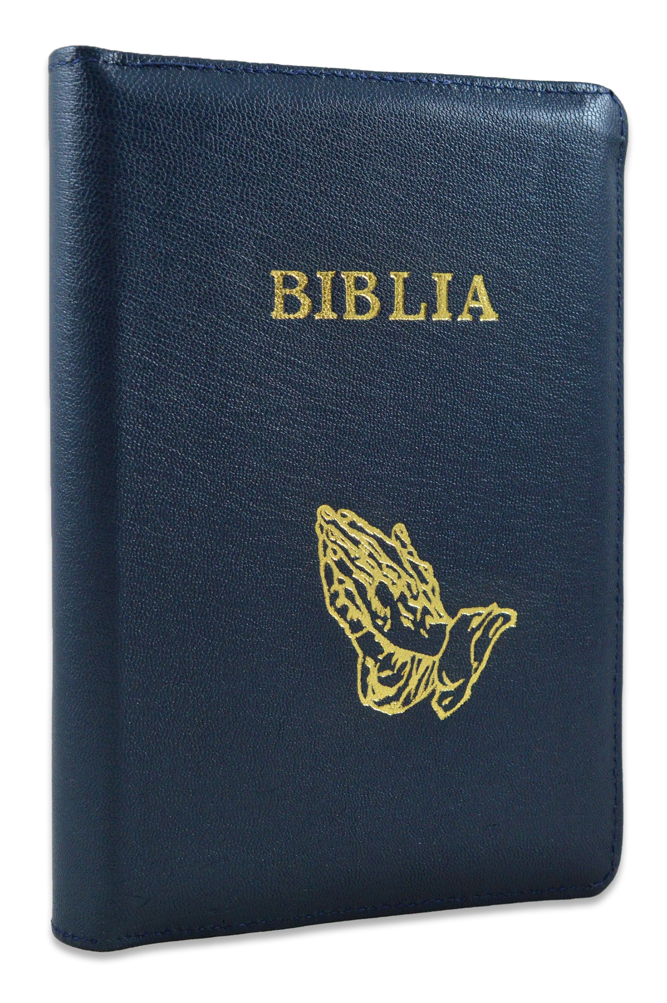 Biblia din piele, marime medie, bleumarin inchis, fermoar, margini albe,simbol maini in rugaciune, cuv. lui Isus cu rosu [053]