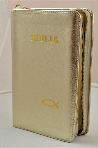 Biblie de lux, medie, din piele, auriu sidefat, index, aurita, fermoar, simbolul peste [SI 057 PFI]