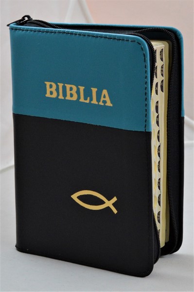 Biblia format mic, din piele, culoare negru/turcoaz, index, fermoar, margini argintii, simbolul peste, cuv. lui Isus in rosu [047 PFI]