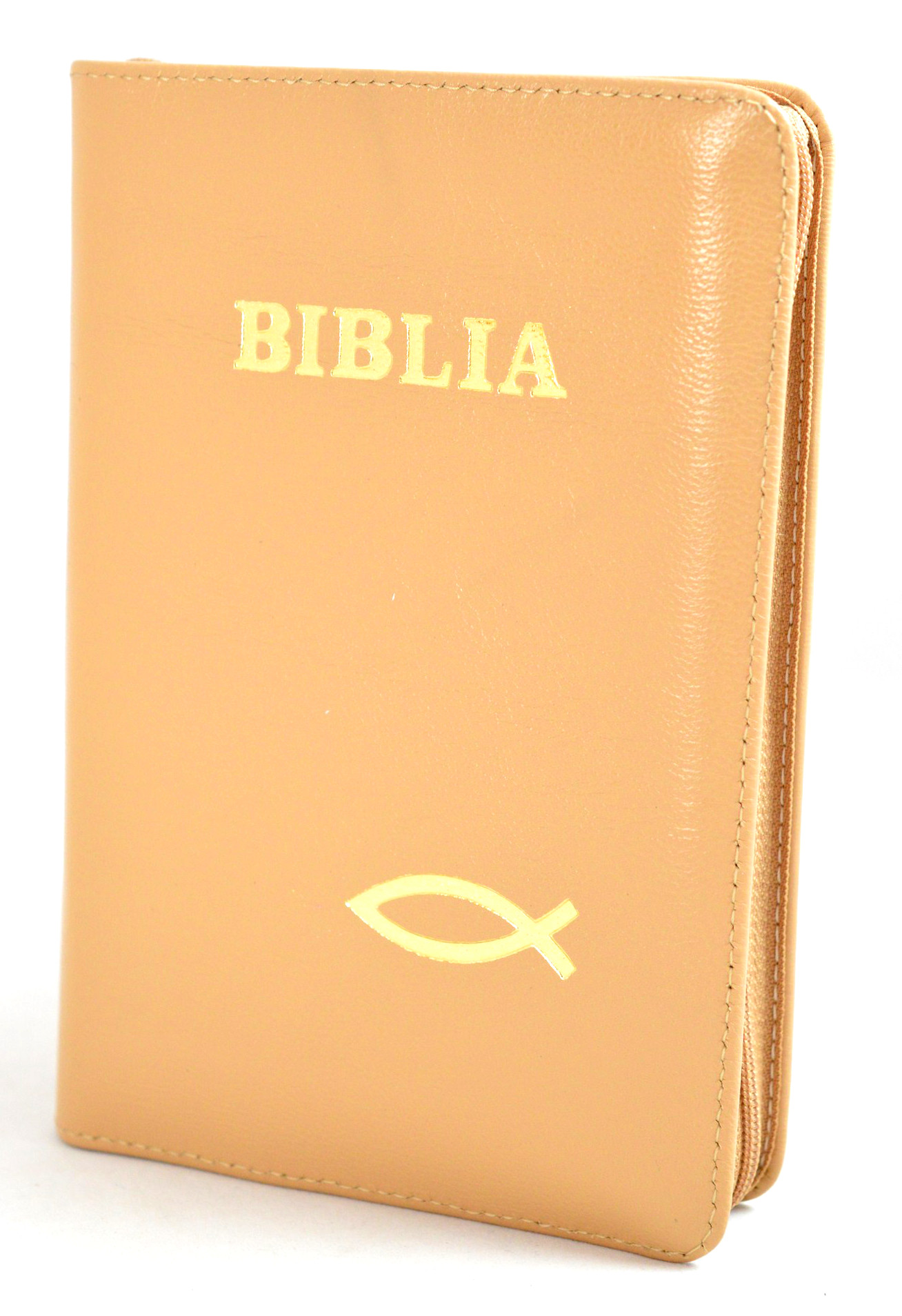 Biblie din piele, mica, bej deschis fermoar, simbol maini [043 PF]