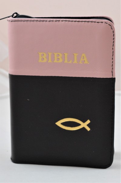 Biblia format mic, din piele, culoare negru/roz pal, index, fermoar, margini argintii, simbolul peste, cuv. lui Isus in rosu [047 PFI]