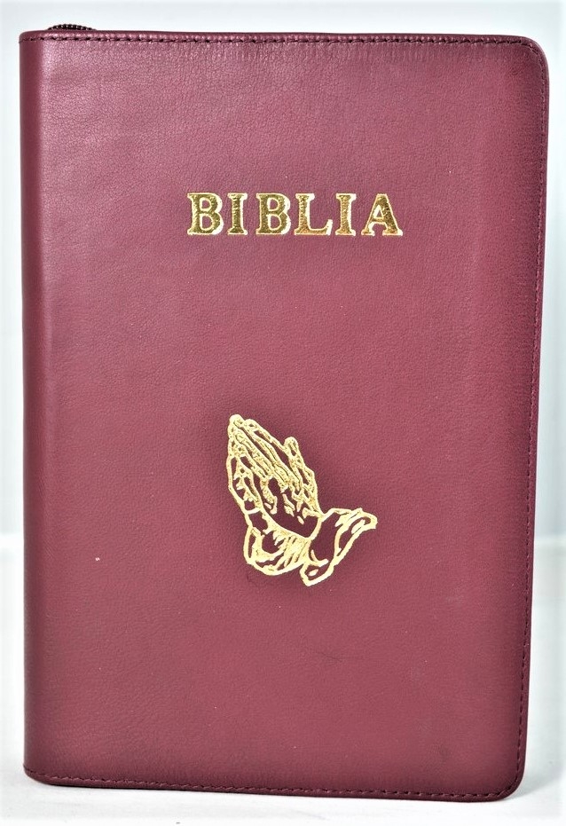 Biblia foarte mare, coperta piele, scris foarte mare, vișiniu, margini aurii ,cuvintele lui Isus cu rosu, harti, simbol maini, trad. Cornilescu [090 PF]