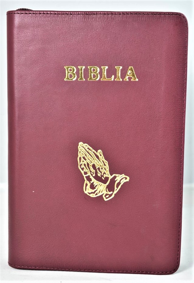 Biblie mare, piele, visiniu, fermoar, index, margini aurii, simbol maini, cuv. Isus cu rosu [SI 073 PFI]
