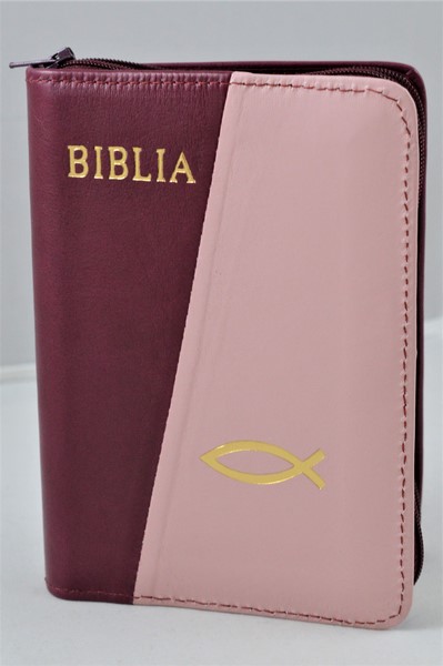 Biblie din piele, mica, purpuriu/roz pal, fermoar, margini albe, simbolul peste, cuv. lui Isus in rosu [043 PF]