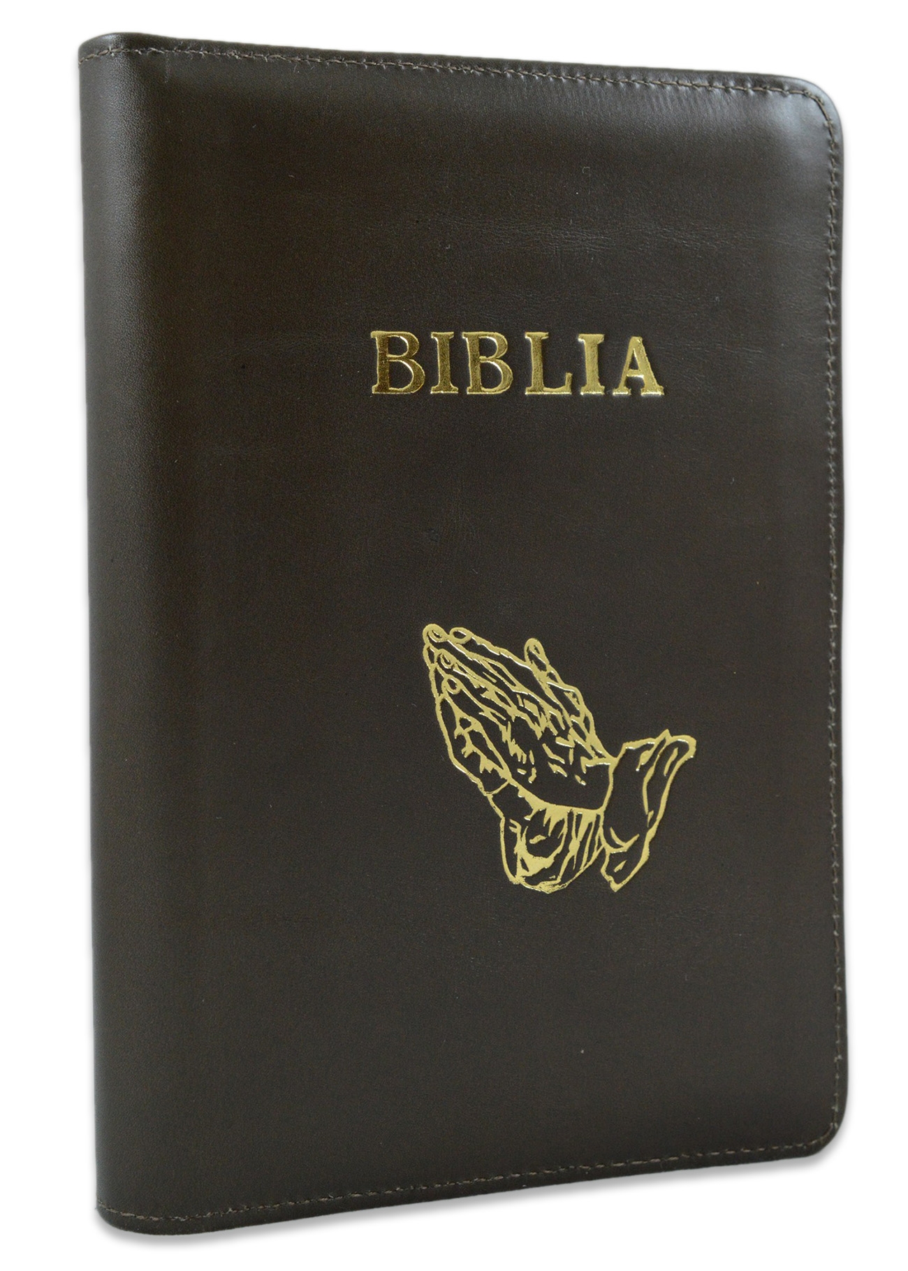 Biblia din piele, marime medie, maro, fermoar, simbol maini in rugaciune, cuv. lui Isus cu rosu [053]