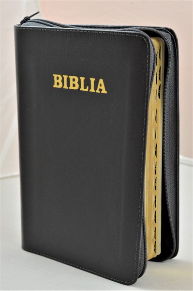 Biblie de lux, medie, din piele, gri inchis, index, aurita, fermoar  [SI 057 PFI]