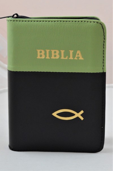 Biblia format mic, din piele, culoare negru/verde, index, fermoar, margini argintii, simbolul peste, cuv. lui Isus in rosu [047 PFI]