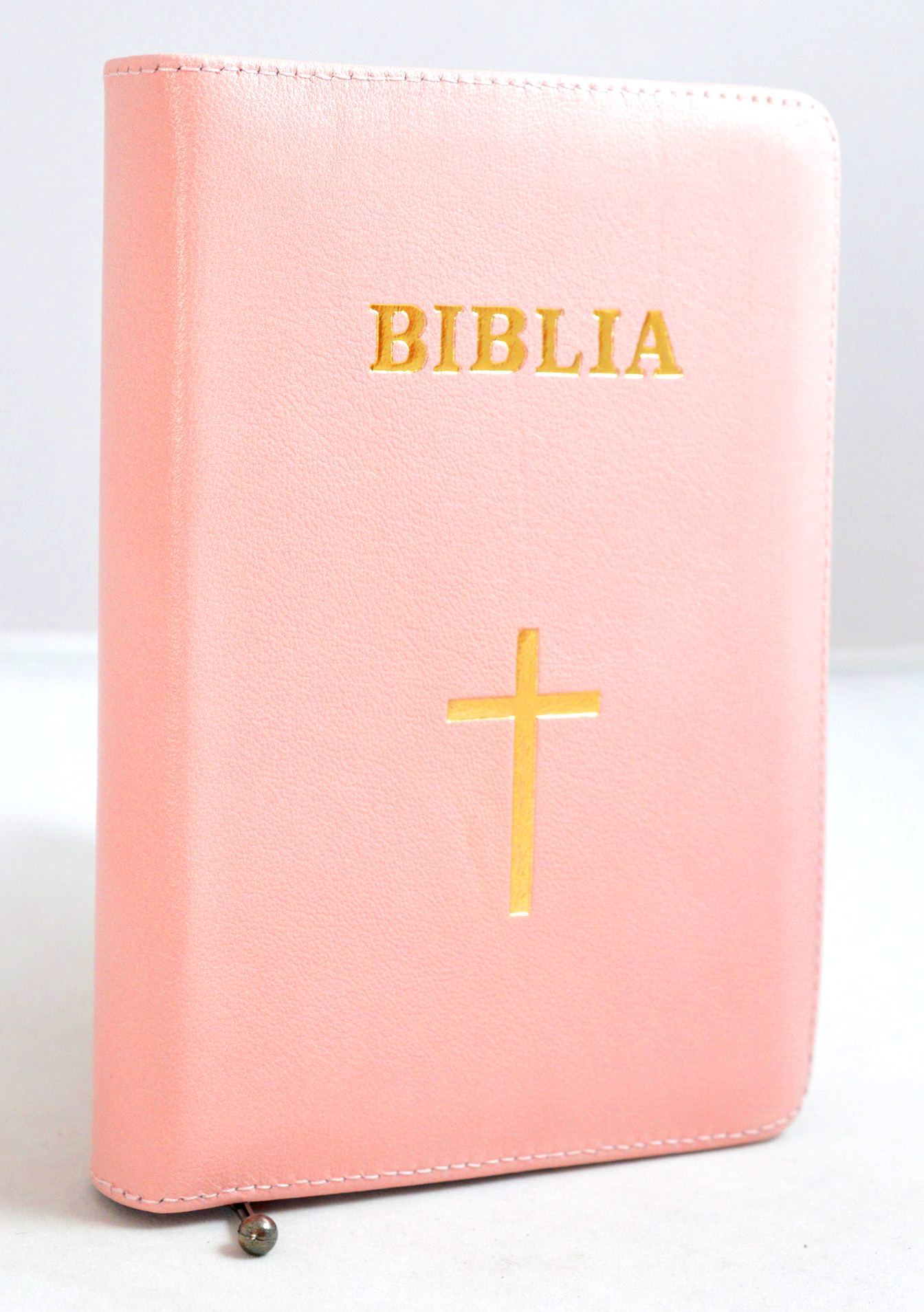 Biblie marime mica, din piele, culoare roz pal, simbol maini, fermoar [043 PF]