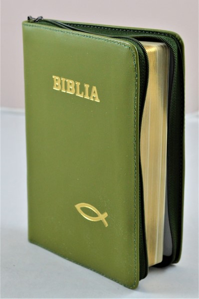 Biblia din piele, medie, verde, fermoar, aurita, simbol peste, cuv. lui Isus cu rosu [052]