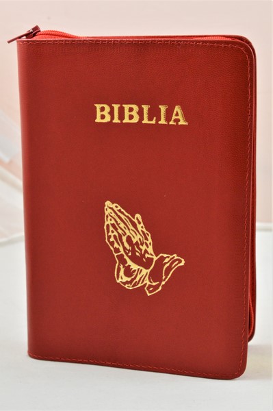 Biblie de lux, medie, din piele, rosie, index, aurita, fermoar, simbolul maini in ruga [SI 057 PFI]