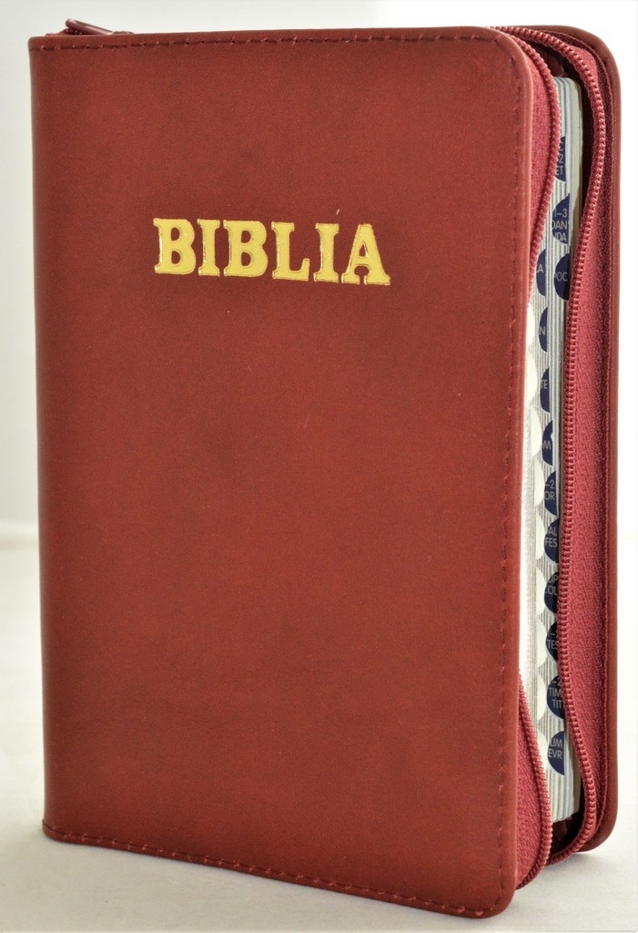 Biblia mica, coperta piele, culoare stacojiu, index, fermoar, margini aurii, cuv. lui Isus in rosu [047 PFI]