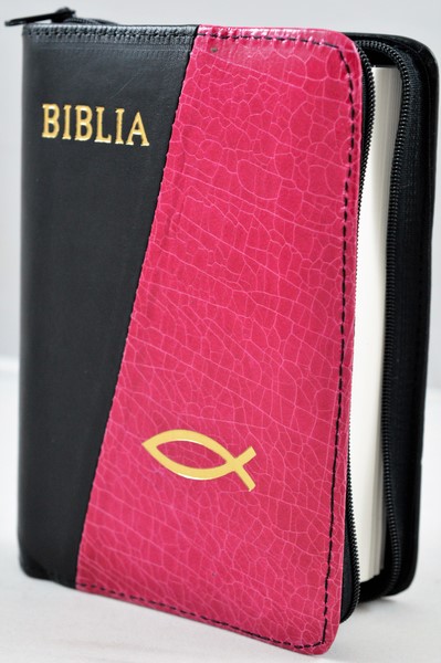 Biblie din piele, mica, negru/magenta, fermoar, margini albe, simbolul peste, cuv. lui Isus in rosu [043 PF]