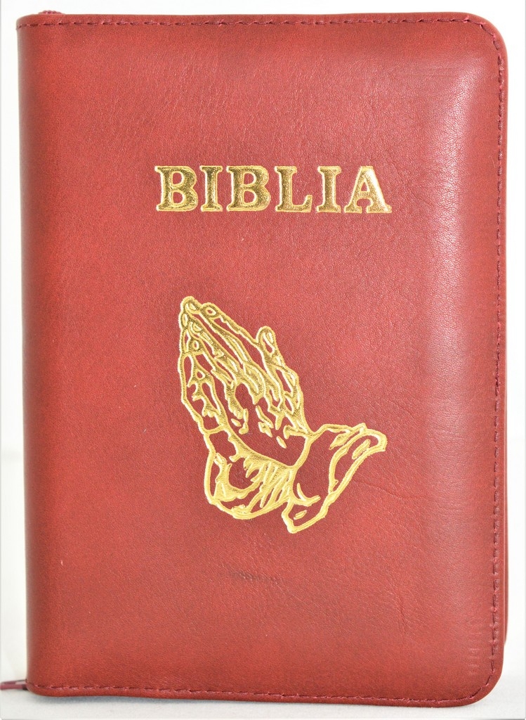 Biblia format mic, din piele, culoare stacojiu, index, fermoar, margini argintii, simbolul maini in ruga, cuv. lui Isus in rosu [047 PFI]