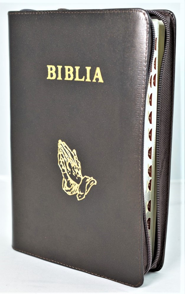 Biblie mare, piele, maro sidefat, fermoar, index, margini argintii, simbol maini in ruga, cuv. Isus cu rosu [SI 073 PFI]