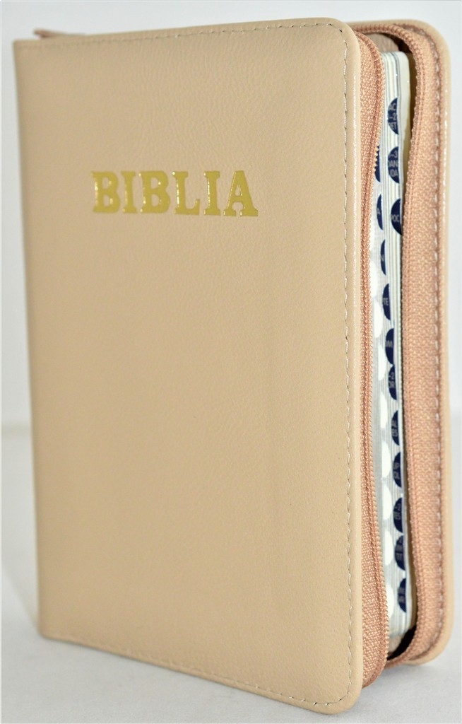 Biblia format mic, din piele, culoare nuanta bej, index, fermoar, margini argintii, cuv. lui Isus in rosu [047 PFI]
