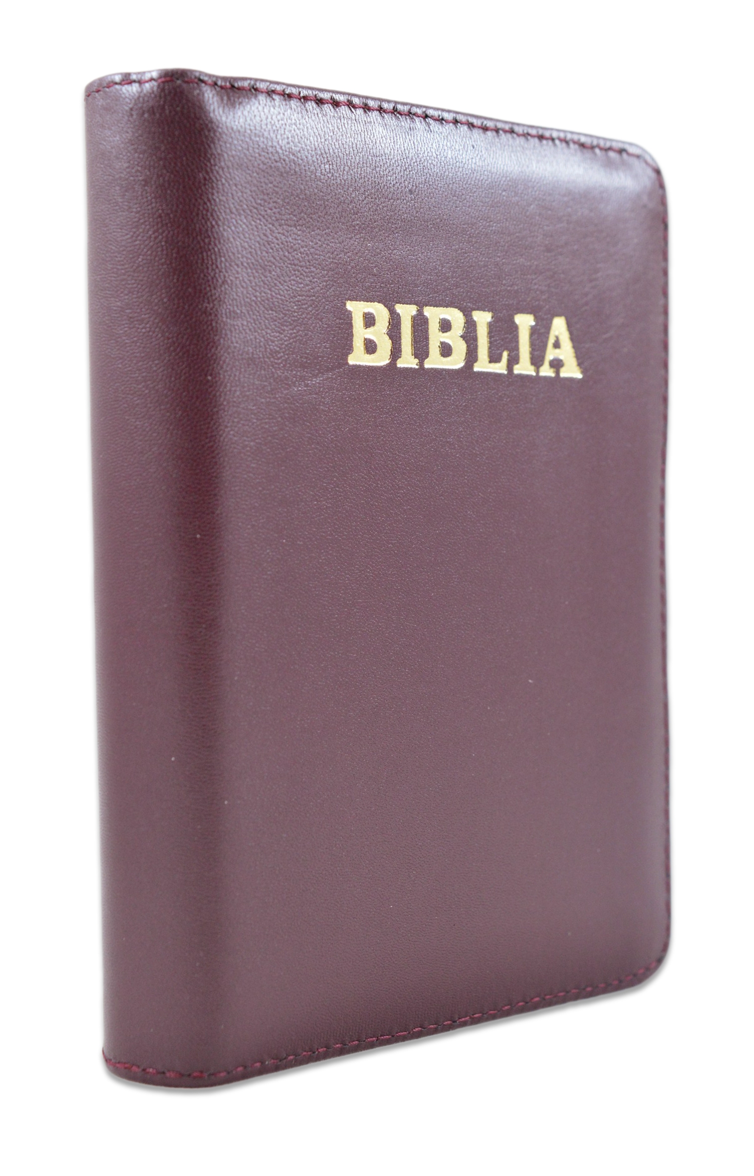 Biblia format mic, din piele, culoare visiniu, index, fermoar, margini argintii, cuv. lui Isus in rosu [047 PFI]