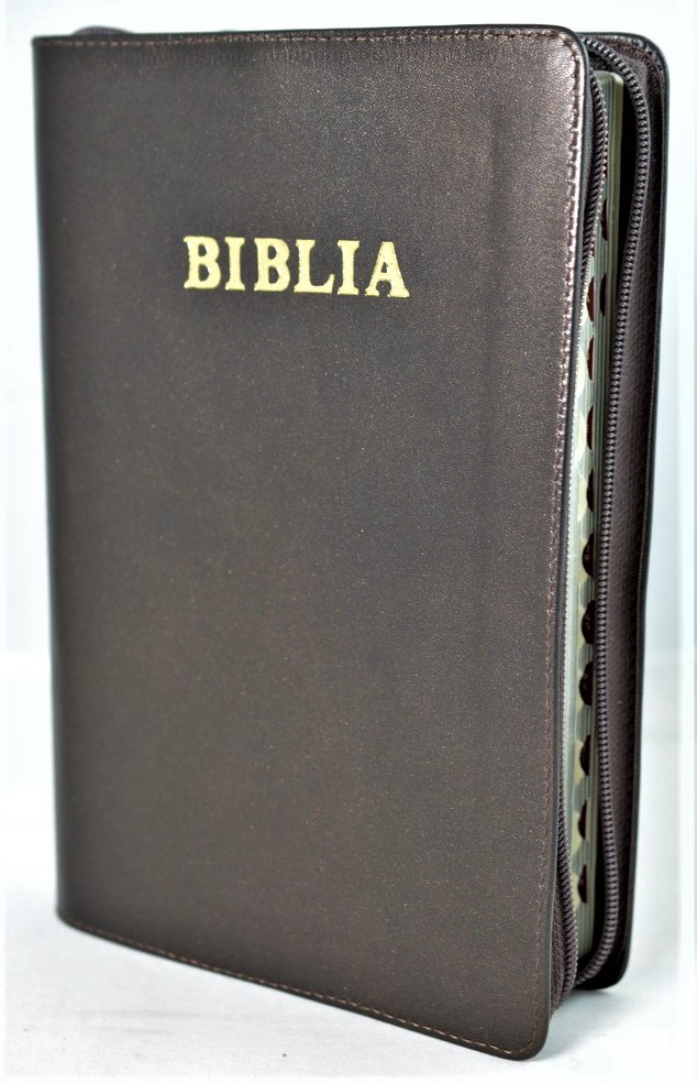 Biblie mare, piele, maro sidefat, fermoar, index, margini argintii, cuv. Isus cu rosu [SI 073 PFI]