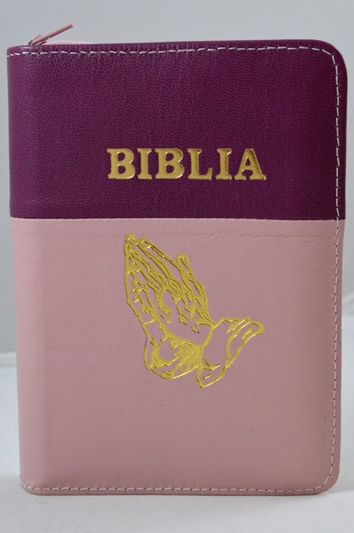 Biblie din piele, mica, purpuriu/roz pal, fermoar, margini albe, simbolul maini in ruga, cuv. lui Isus in rosu [043 PF]