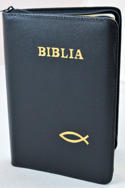 Biblia din piele, medie, neagra, fermoar, aurita, simbol peste, cuv. lui Isus cu rosu [052]