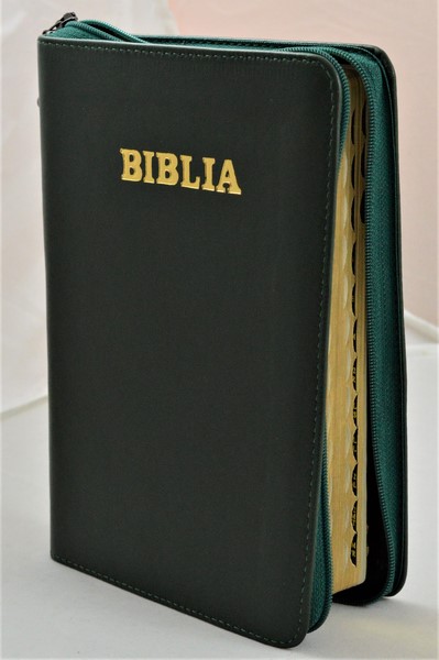 Biblie de lux, medie, din piele, verde inchis, index, aurita, fermoar [SI 057 PFI]