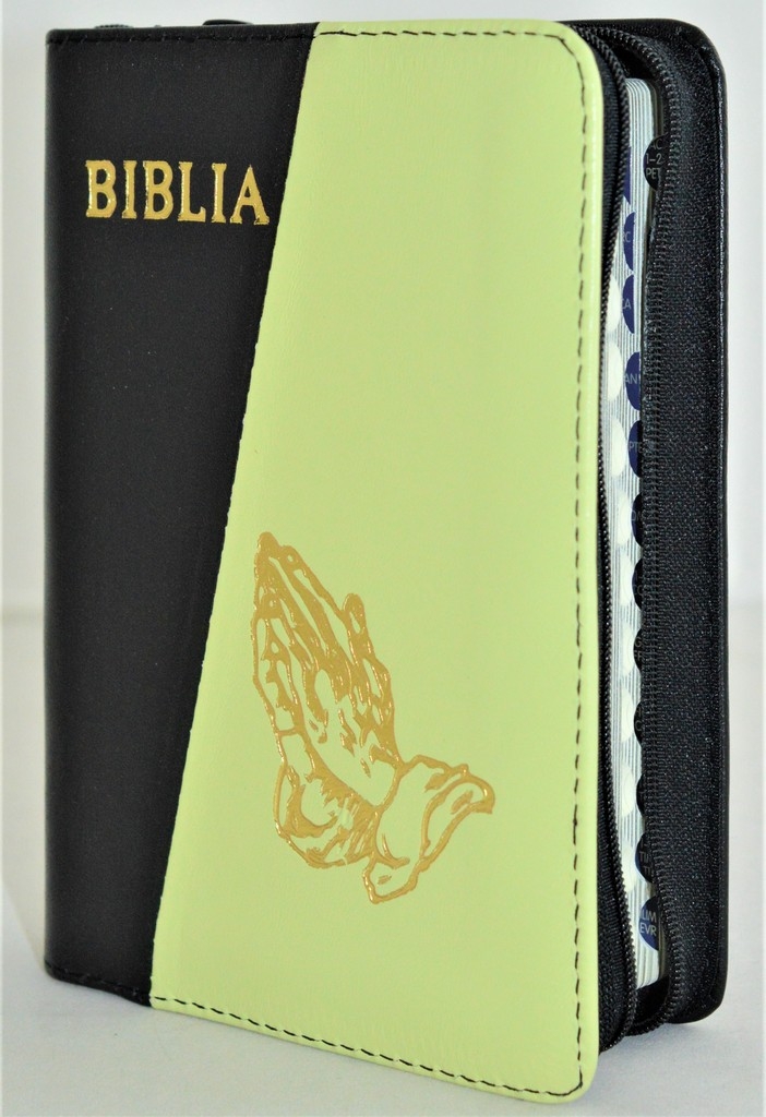 Biblia format mic, din piele, culoare negru / verde deschis, index, fermoar, margini argintii,simbolul maini in ruga, cuv. lui Isus in rosu [047 PFI]