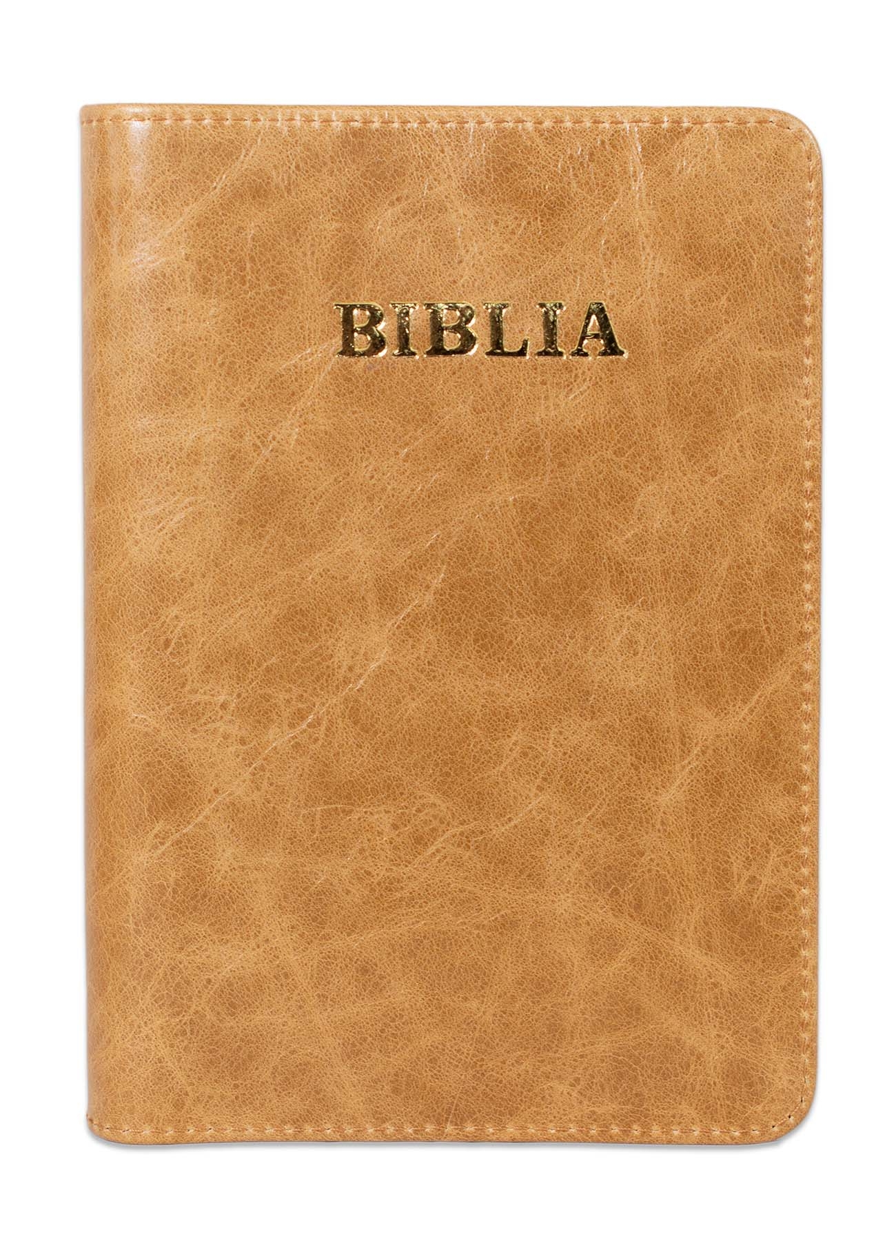 Biblie din piele, marime medie, culoare maro deschis, fermoar, index, margini aurii, cuv. lui Isus cu rosu [SB 057 PFI]