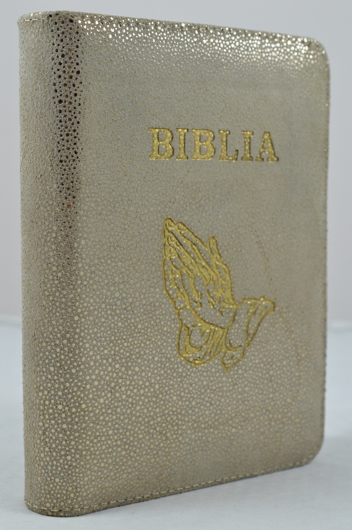 Biblia format mic, din piele, culoare crem cu imprimeu auriu, index, fermoar, margini argintii,simbolul maini in ruga, cuv. lui Isus in rosu [047 PFI]