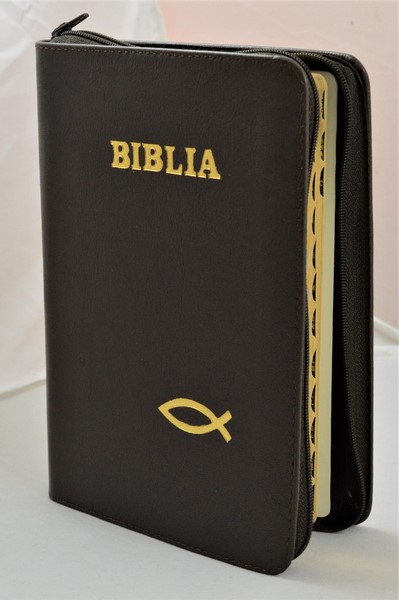 Biblie de lux, medie, din piele, maro inchis, index, aurita, fermoar, simbolul peste [SI 057 PFI]