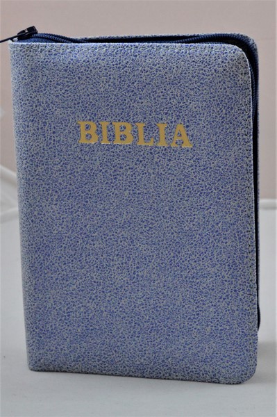 Biblia format mic, din piele, culoare alb/albastru metalizat, index, fermoar, margini argintii, cuv. lui Isus in rosu [047 PFI]
