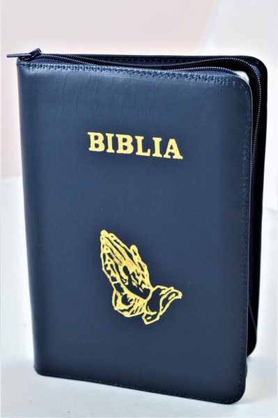 Biblia din piele, medie, bleumarin, fermoar, aurita, simbolul maini in ruga, cuv. lui Isus cu rosu [052]