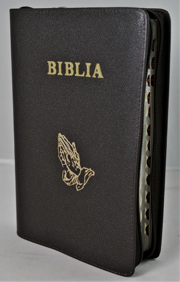 Biblie mare, piele, neagra texturat, fermoar, index, margini argintii, simbol maini in ruga, cuv. Isus cu rosu [SI 073 PFI]