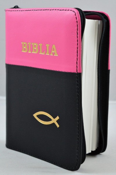 Biblie din piele, mica,roz bombon/negru, fermoar, margini albe,simbolul peste, cuv. lui Isus in rosu [043 PF]