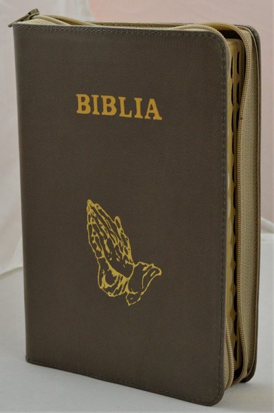 Biblie de lux, medie, din piele, castaniu, index, aurita, fermoar, simbolul maini in ruga[SI 057 PFI]