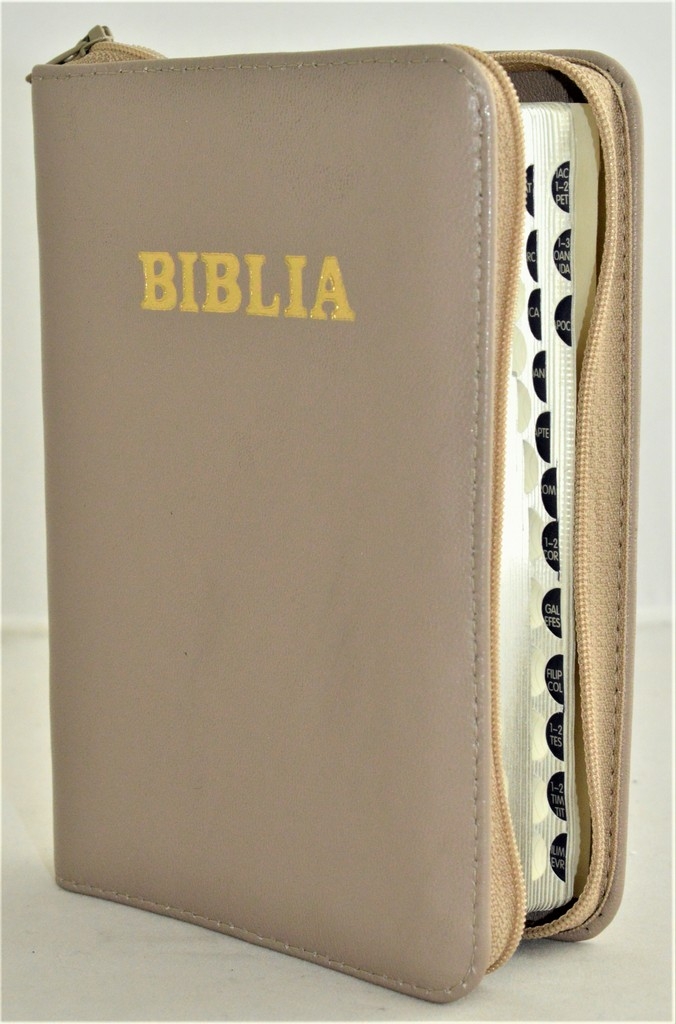 Biblia format mic, din piele, culoare bej, index, fermoar, margini argintii, cuv. lui Isus in rosu [047 PFI]