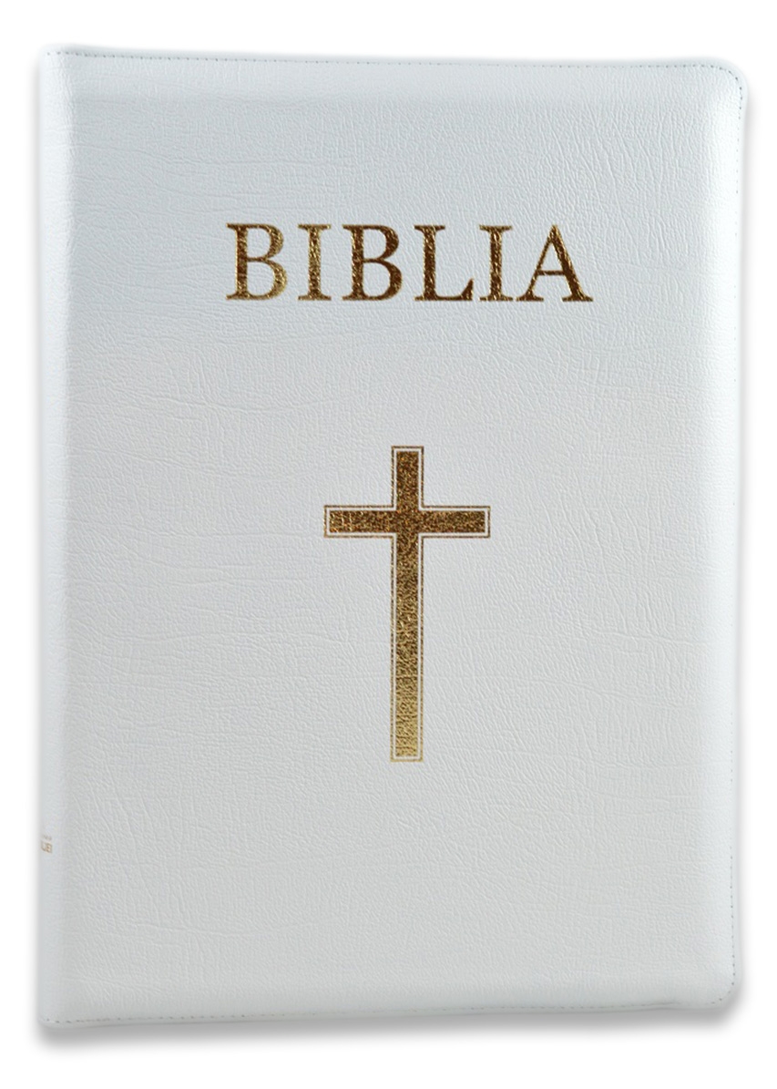 Biblia marime medie, din piele, alba, fermoar, index, cu cruce [053 PFI]