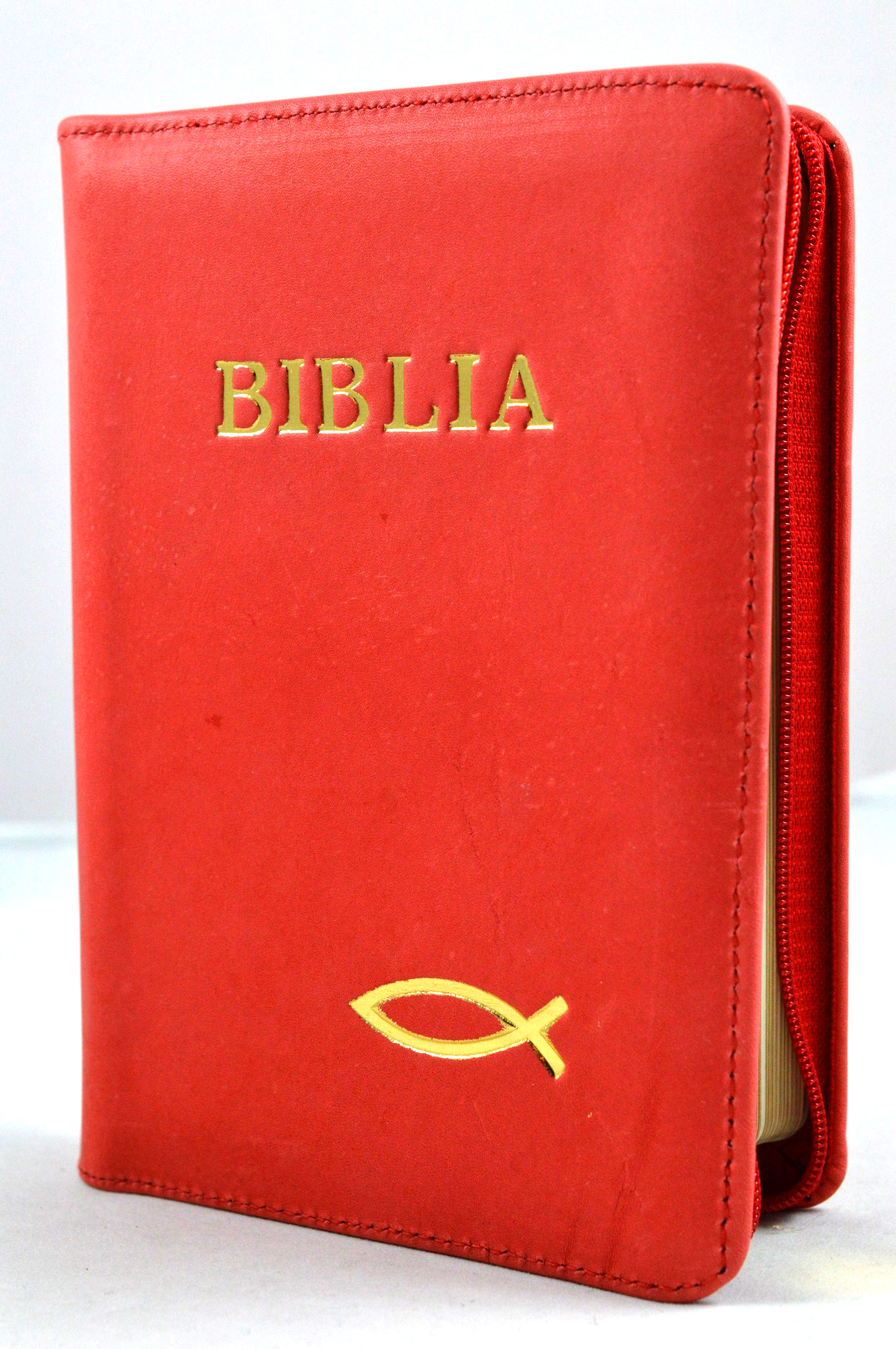 Biblie din piele,marime mica,culoare rosu coral, fermoar, margini albe,simbol peste, cuv. lui Isus in rosu [043 A]