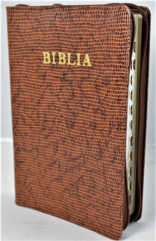 Biblie mare, piele, maro texturat, fermoar, index, margini argintii, cuv. Isus cu rosu [SI 073 PFI]