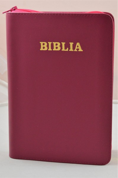 Biblie de lux, medie, din piele, roz inchis, index, aurita, fermoar [SI 057 PFI]