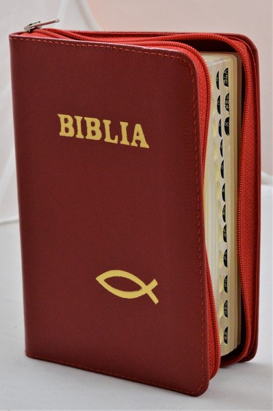 Biblia format mic, din piele, culoare rosie, index, fermoar, margini argintii, simbolul peste, cuv. lui Isus in rosu [047 PFI]