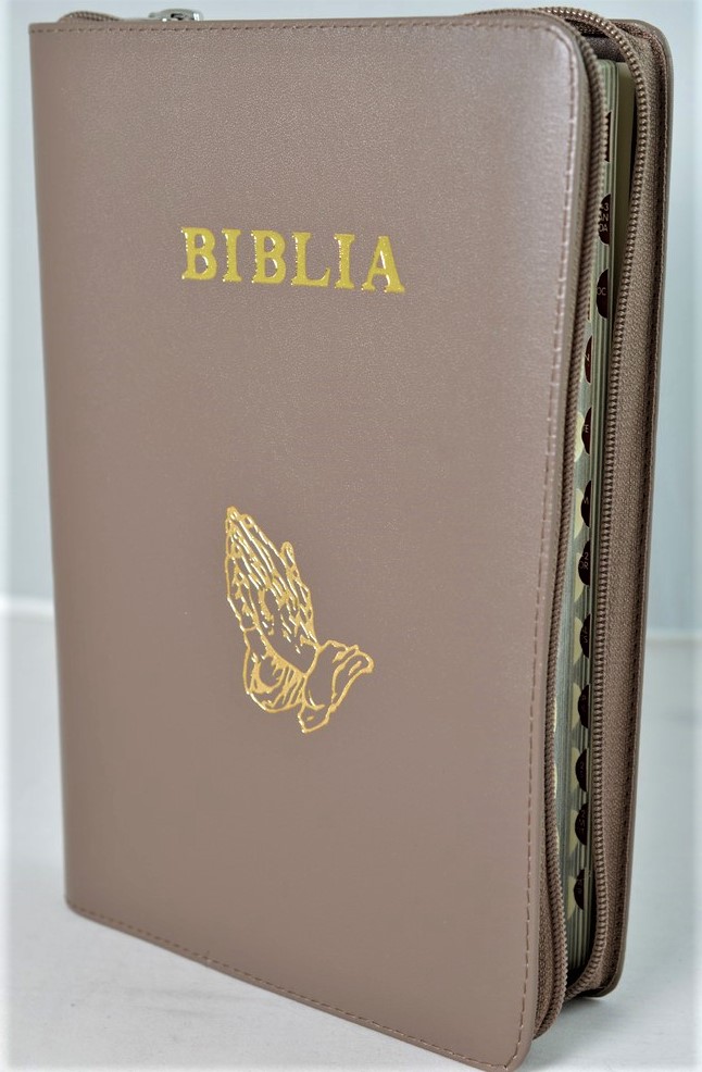 Biblie mare, piele, kaki, fermoar, index, margini argintii, simbol maini, cuv. Isus cu rosu [SI 073 PFI]