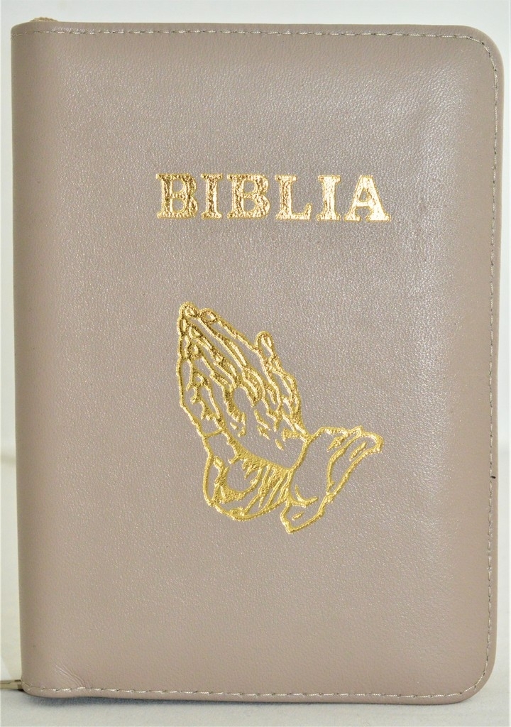 Biblie din piele, mica, culoare bej, fermoar, margini albe, simbolul maini in ruga, cuv. lui Isus in rosu [043 PF]